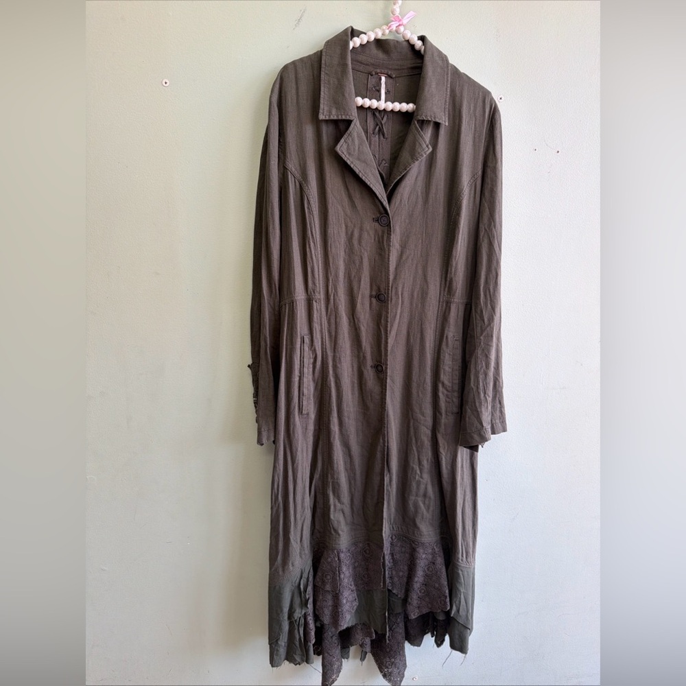 Vintage Free People Linen Maxi Jacket Duster Laced Up Back Lace Hem L - Picture 5 of 10